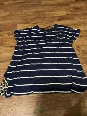 Style & Co. Women's Navy Blue and White Striped Top with Leopard Print Detail, S